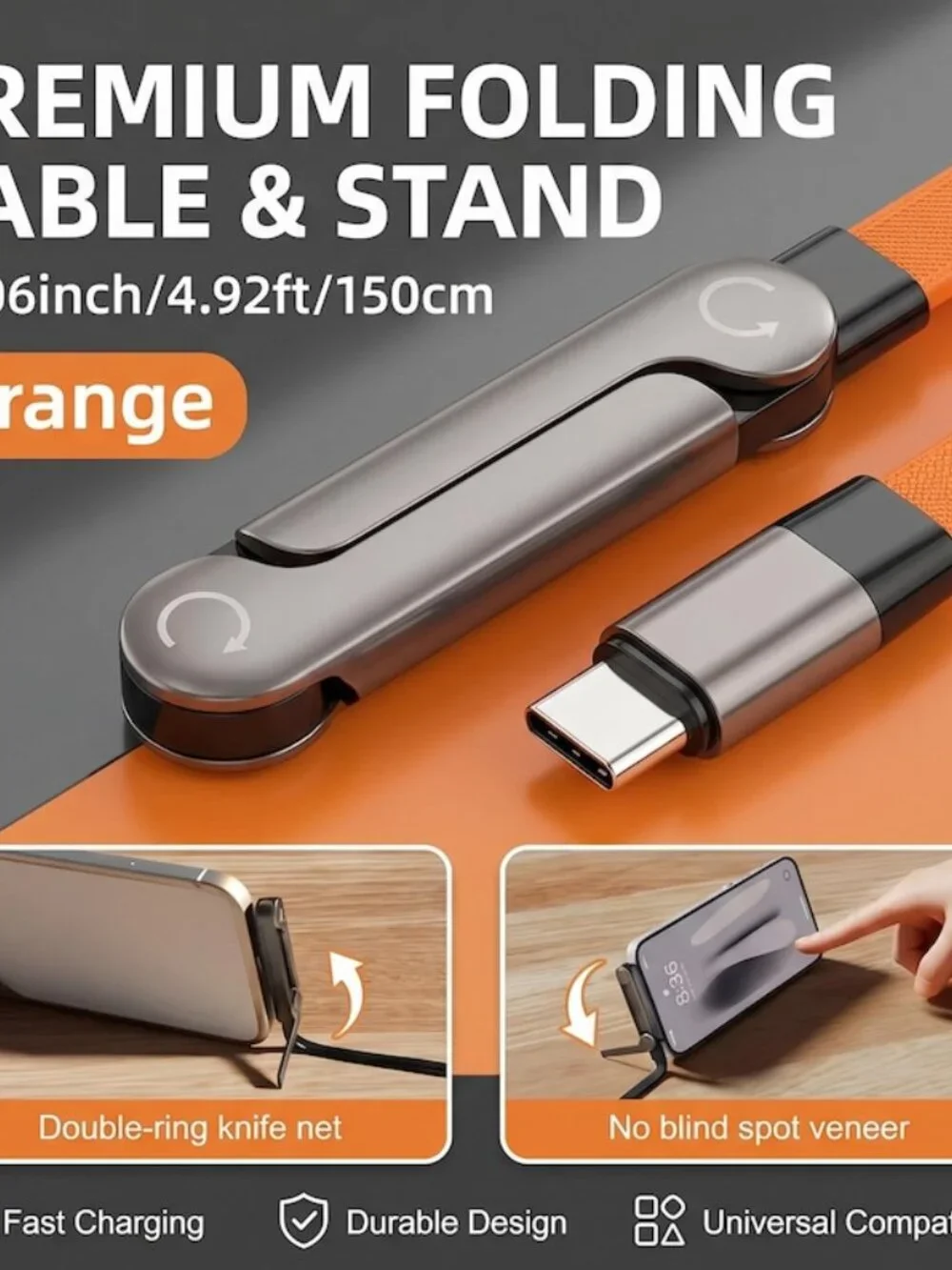 60W Orange 2-in-1 Fast Charging Cable with Foldable Stand